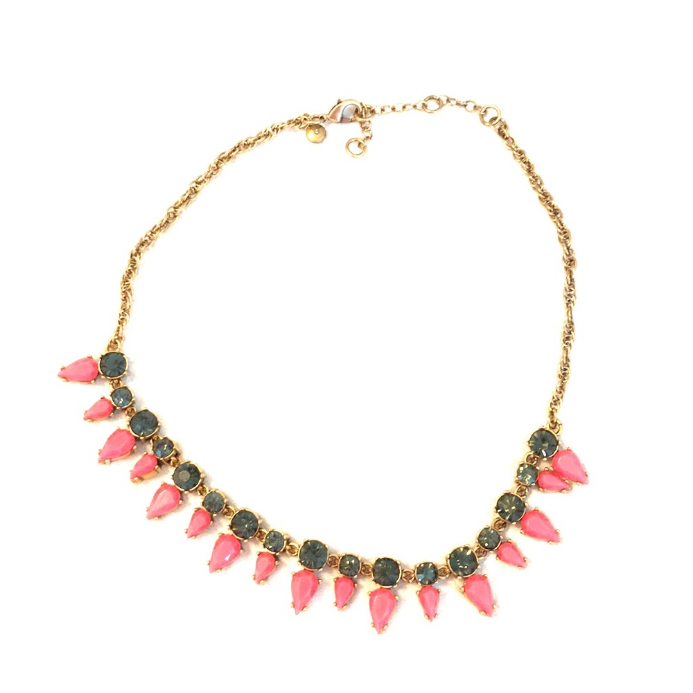 Coral/slate color beads on gold chain necklace.